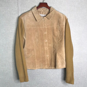 Vintage A.M.I. Alexandre Mattiussi Women’s Tan Leather Suede Jacket Knit Sleeves